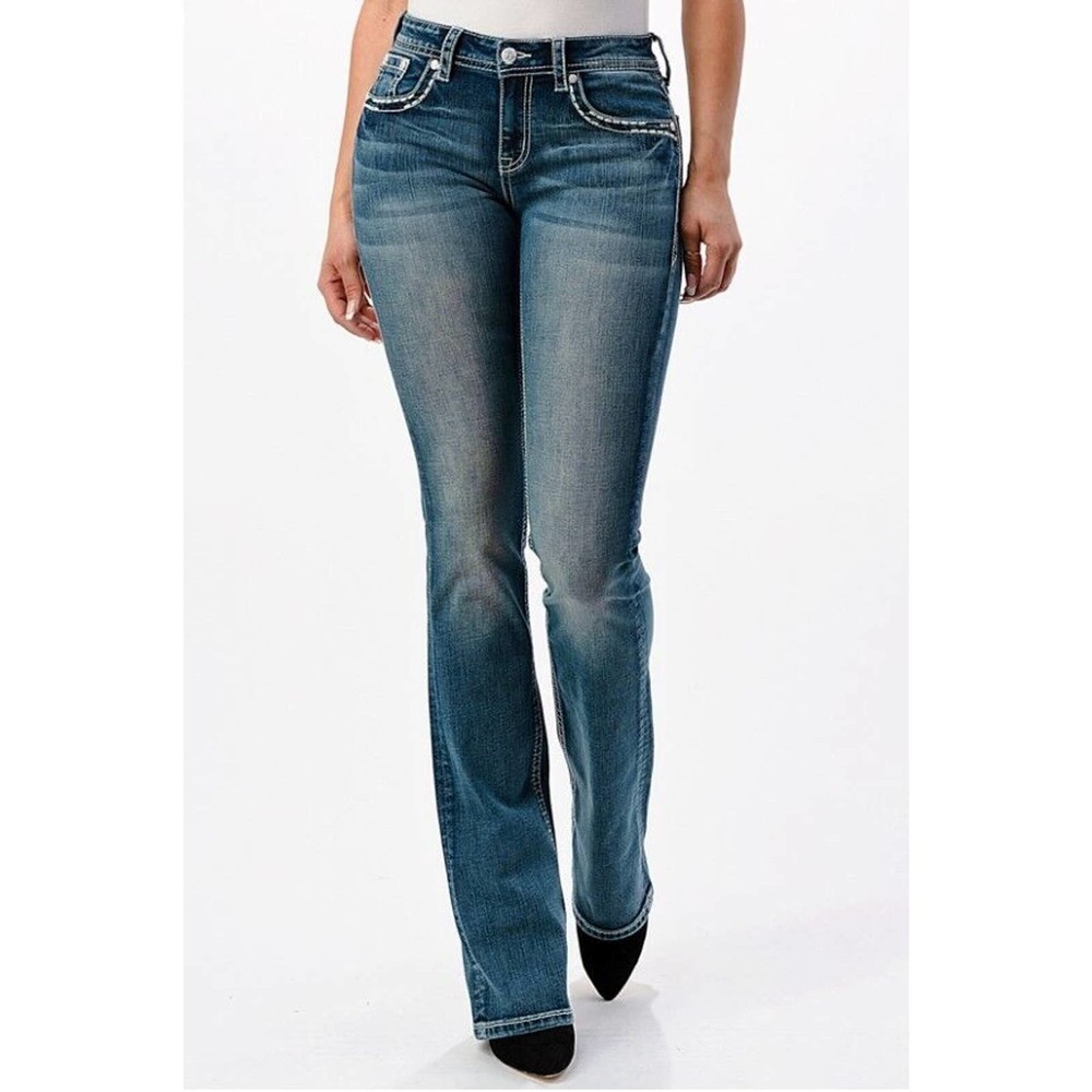 Grace in LA Women's Western Steer Cow Head Embroidered Bootcut Stretch Jeans - Picture 2 of 3